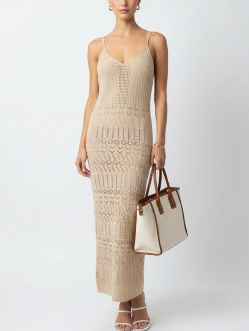 Freshman 1996 Women's Tan Crochet Sleeveless Maxi Long Boho Festival Dress Large